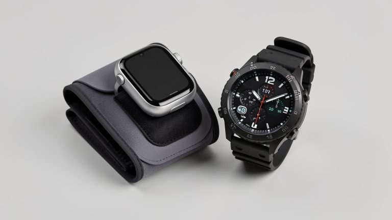 Montre connectée équipée d’un bracelet gonflable pour mesurer la tension, placée à côté d’une montre sportive GPS sur un fond neutre.