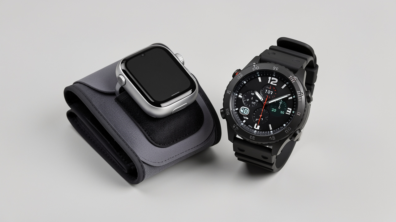 Montre connectée équipée d’un bracelet gonflable pour mesurer la tension, placée à côté d’une montre sportive GPS sur un fond neutre.