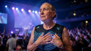 Une femme sourde porte un gilet haptique dans une salle de concert moderne, avec de discrètes ondulations lumineuses représentant les vibrations sur son torse.