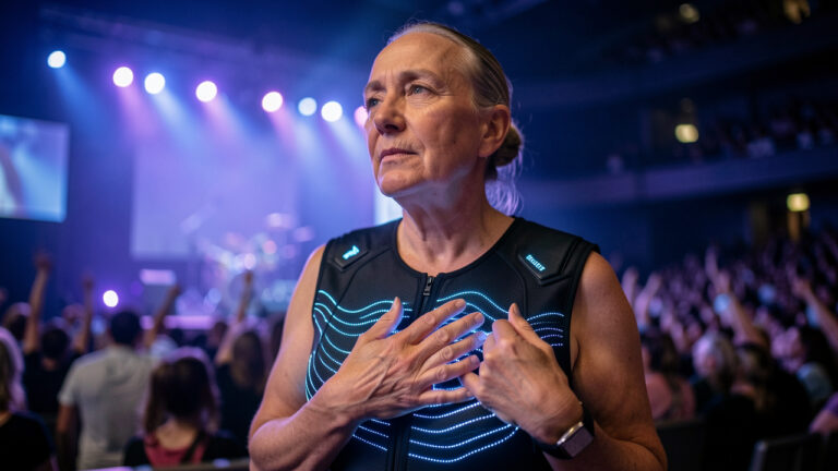 Une femme sourde porte un gilet haptique dans une salle de concert moderne, avec de discrètes ondulations lumineuses représentant les vibrations sur son torse.