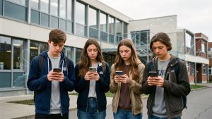 Groupe de quatre lycéens devant un établissement scolaire, observant des images indistinctes sur leurs smartphones, avec une interface algorithmique abstraite en arrière-plan.
