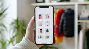 Smartphone affichant une boutique mobile avec des produits et un bouton d’achat.