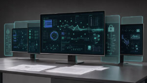Illustration éditoriale d’un poste de travail moderne avec plusieurs écrans affichant des interfaces abstraites d’assistants IA, des documents floutés et des indicateurs visuels de confidentialité dans une ambiance high-tech sobre.
