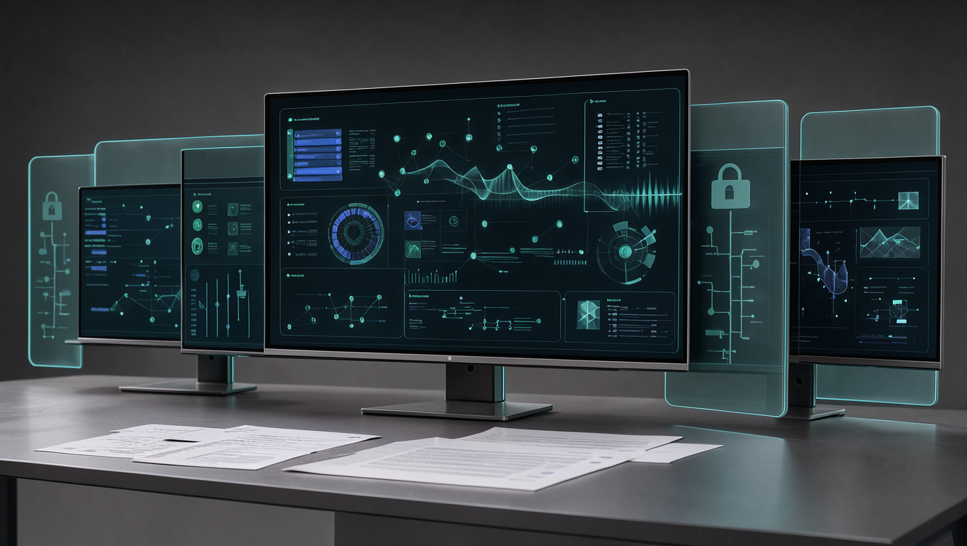 Illustration éditoriale d’un poste de travail moderne avec plusieurs écrans affichant des interfaces abstraites d’assistants IA, des documents floutés et des indicateurs visuels de confidentialité dans une ambiance high-tech sobre.